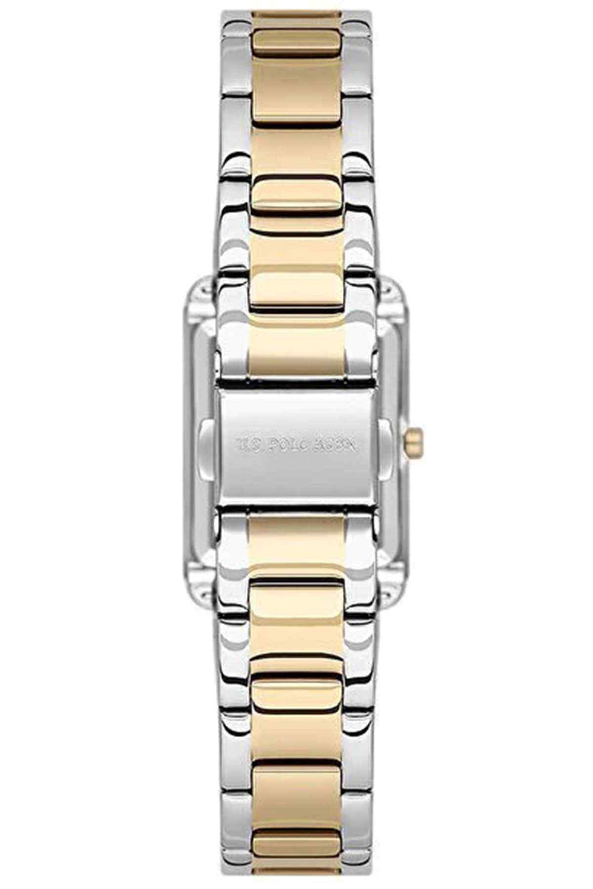 U.S. Polo Assn wristwatch back view, two-tone metal bracelet and clasp