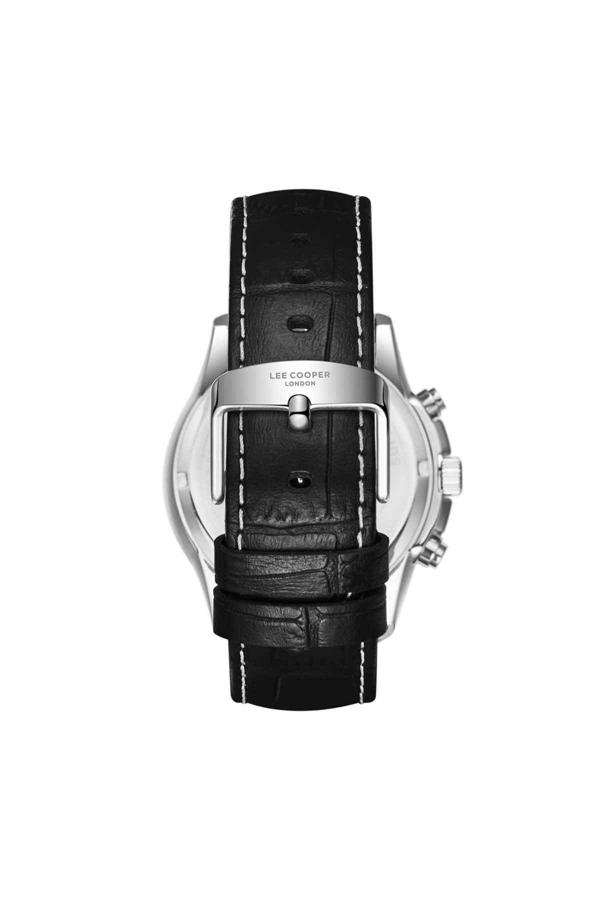 Lee Cooper watch with black leather strap and metal clasp, back view