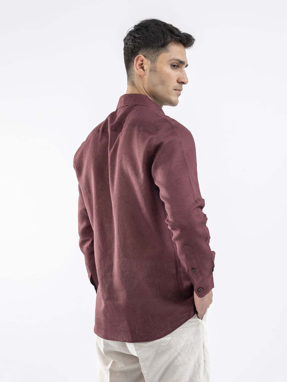 Burgundy button-up shirt back view with collar and long sleeves