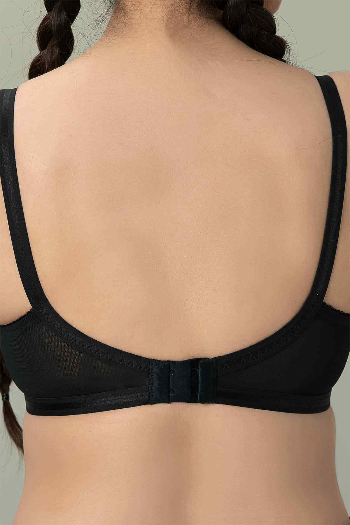 Black bra back with adjustable shoulder straps and lace-trim neckline