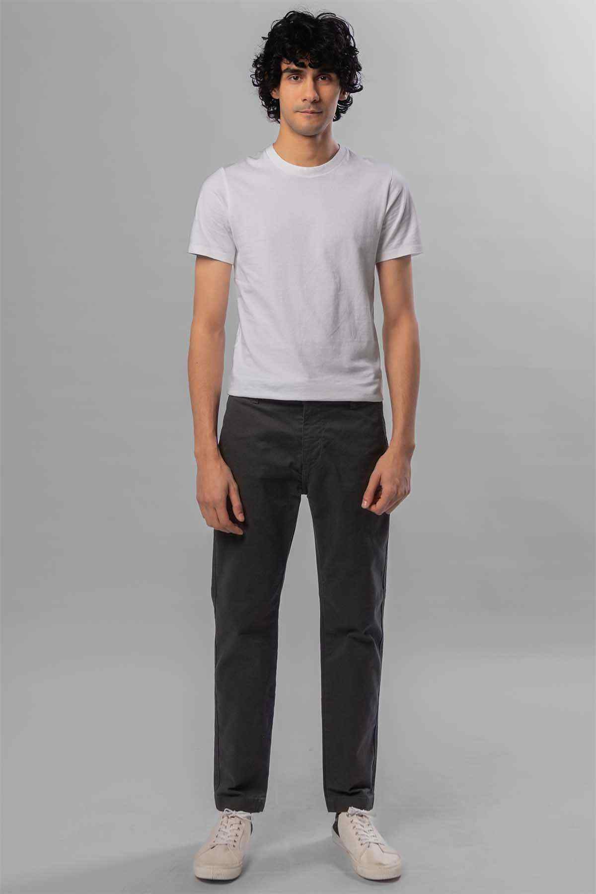 Dark jeans front view with belt loops and relaxed straight fit