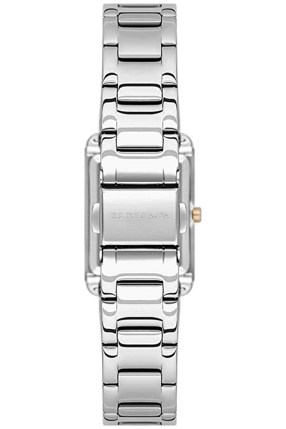 Metallic grey wristwatch with bracelet links and gold-toned crown detail