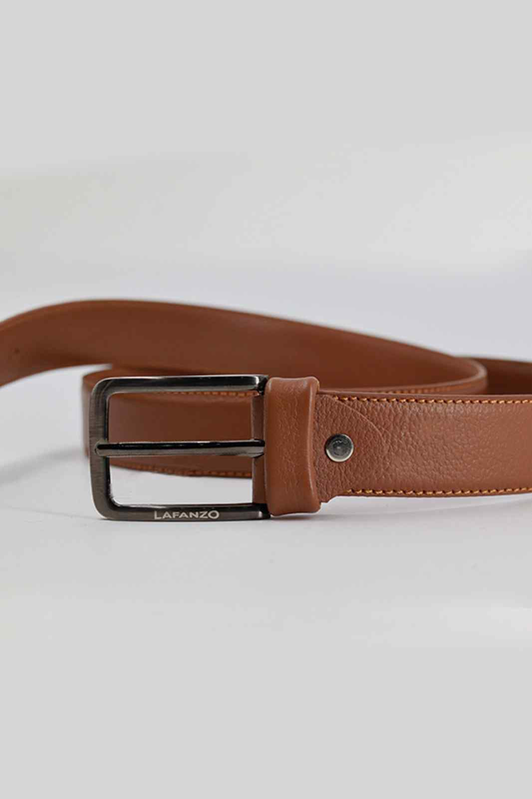 Lafanzo tan leather belt with silver buckle and leather keeper tab