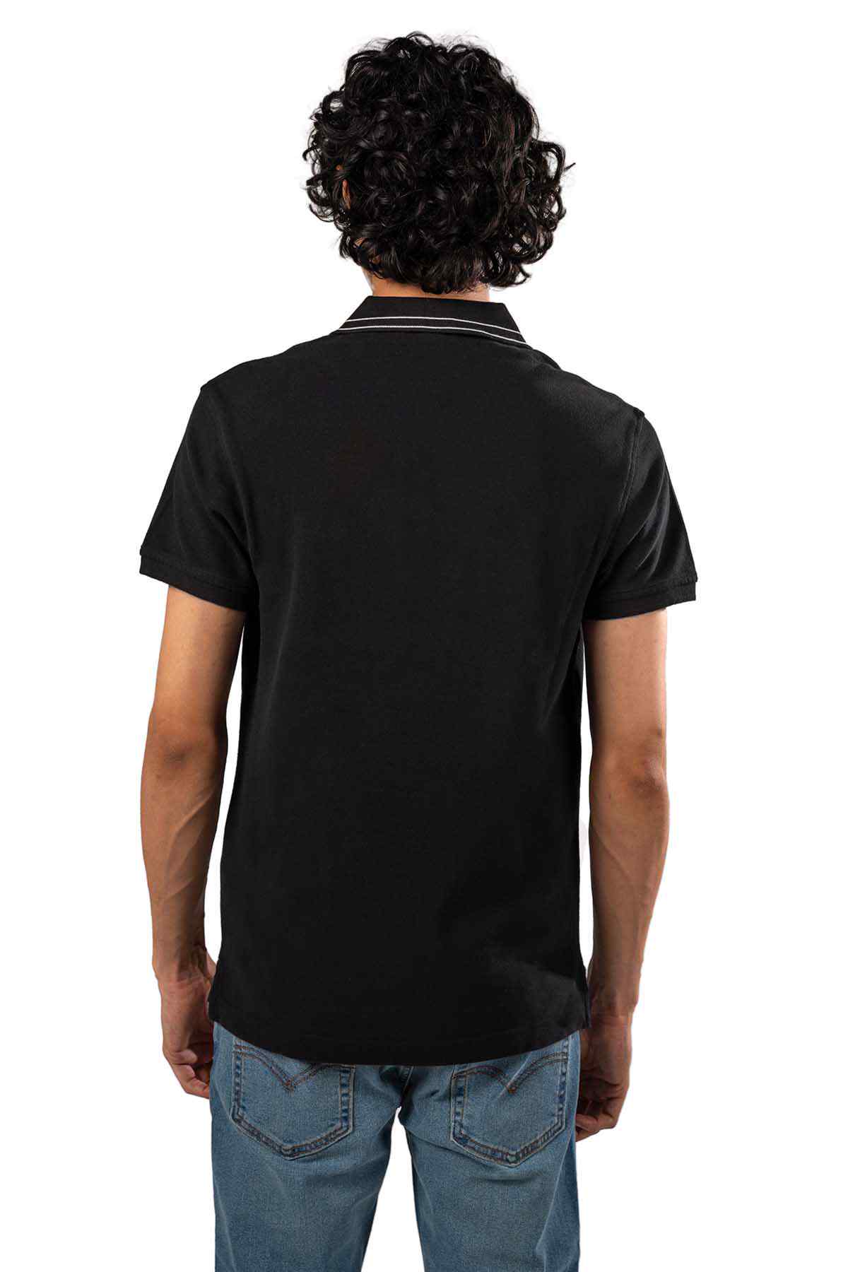 Black short-sleeve polo shirt, plain back with striped collar