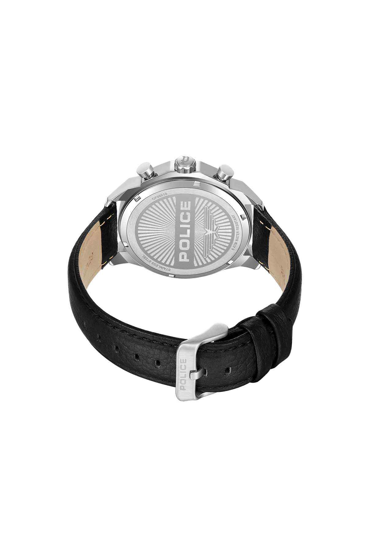 Engraved caseback and black leather strap of a round Police watch