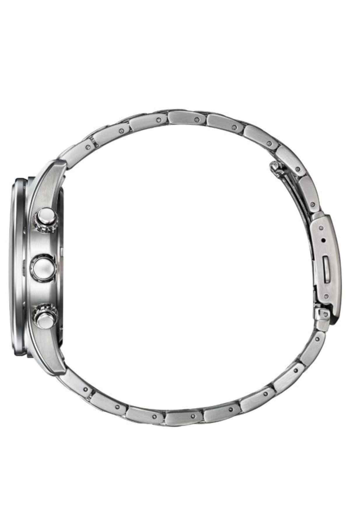 Silver wristwatch side profile with metal bracelet and two crown buttons