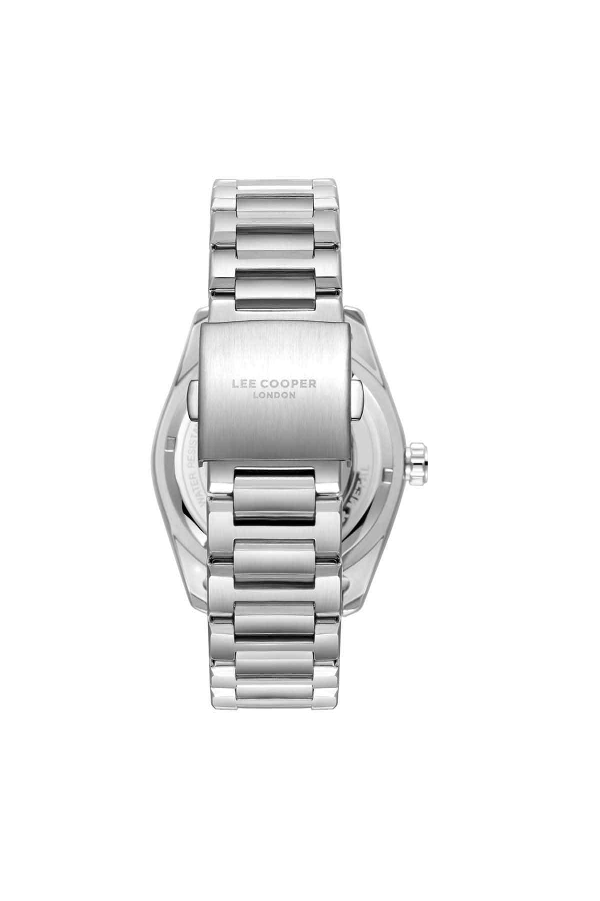Silver metal link wristwatch with round case and fold-over clasp