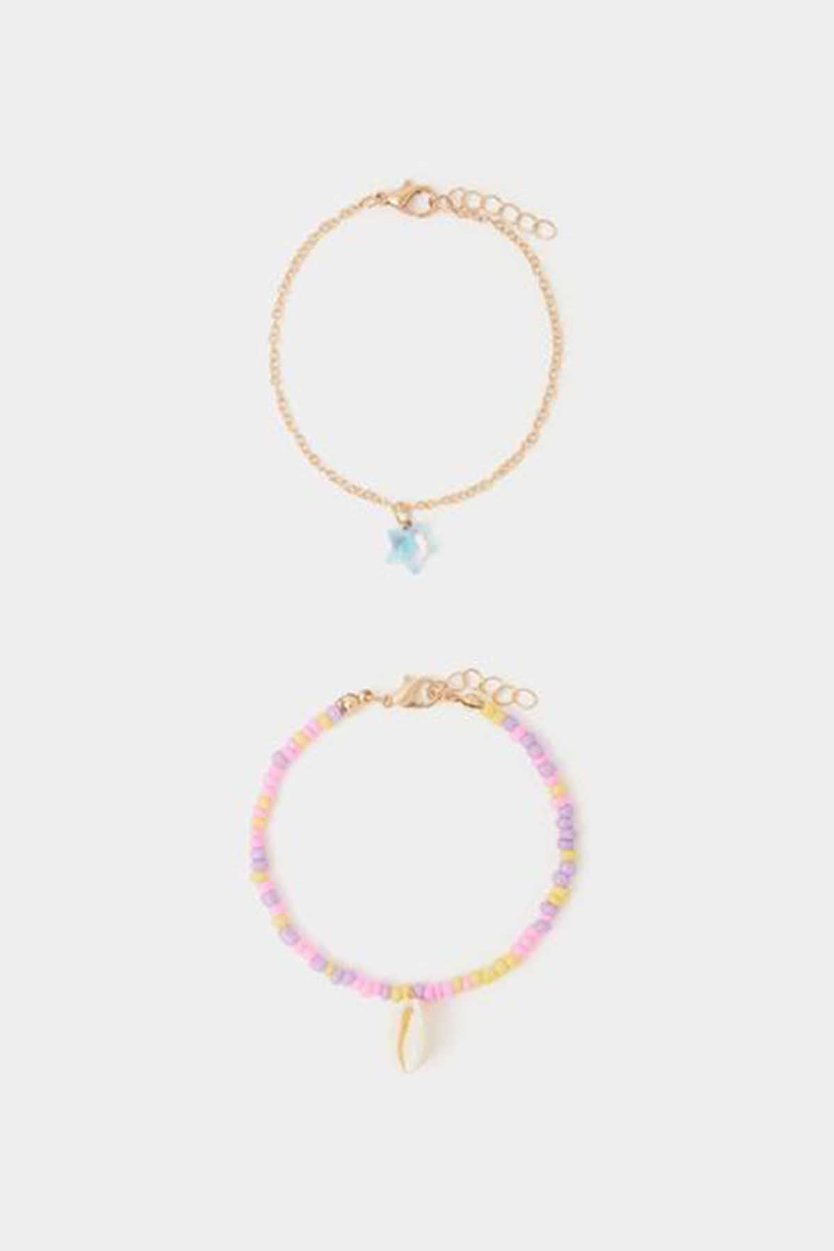 Pastel multi charm bracelets: gold chain with blue star charm and beaded drop charm