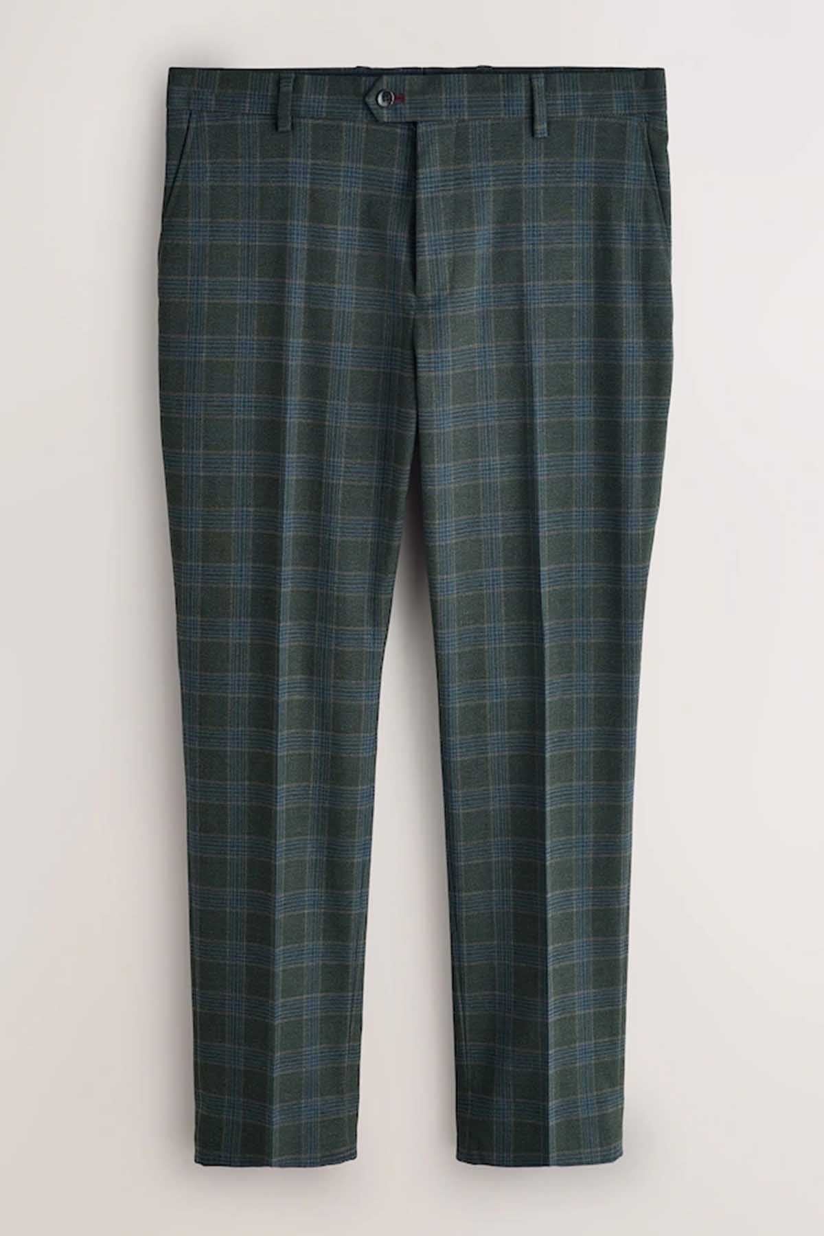 Men's green plaid suit trousers, front view with belt loops and button closure