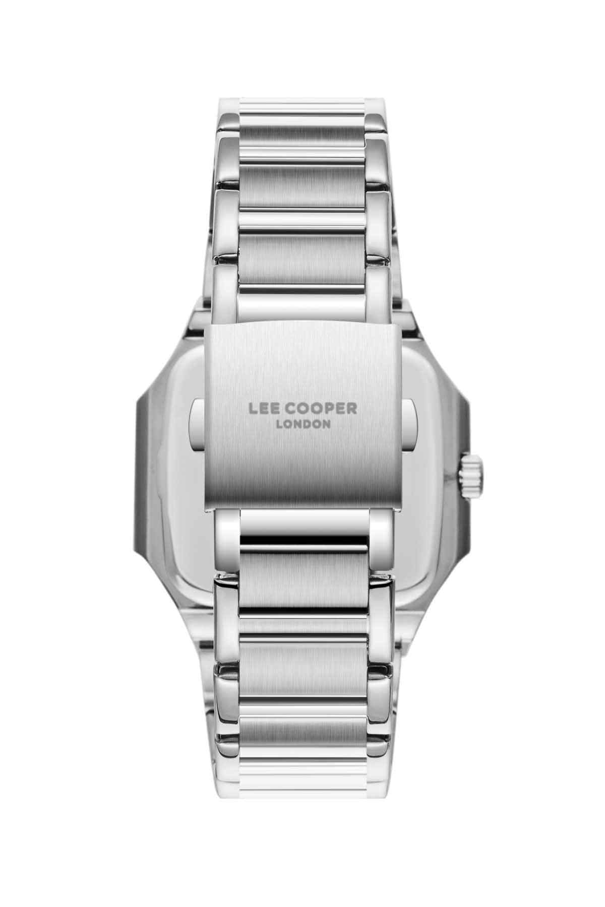 Lee Cooper silver metal wristwatch front close-up with brushed bezel and clasp