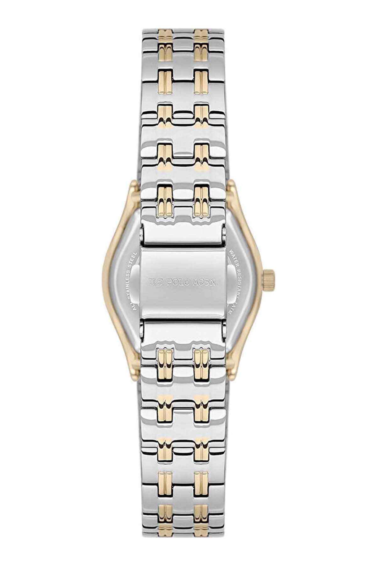 U.S. Polo Assn wristwatch clasp and bracelet detail with gold-tone accents