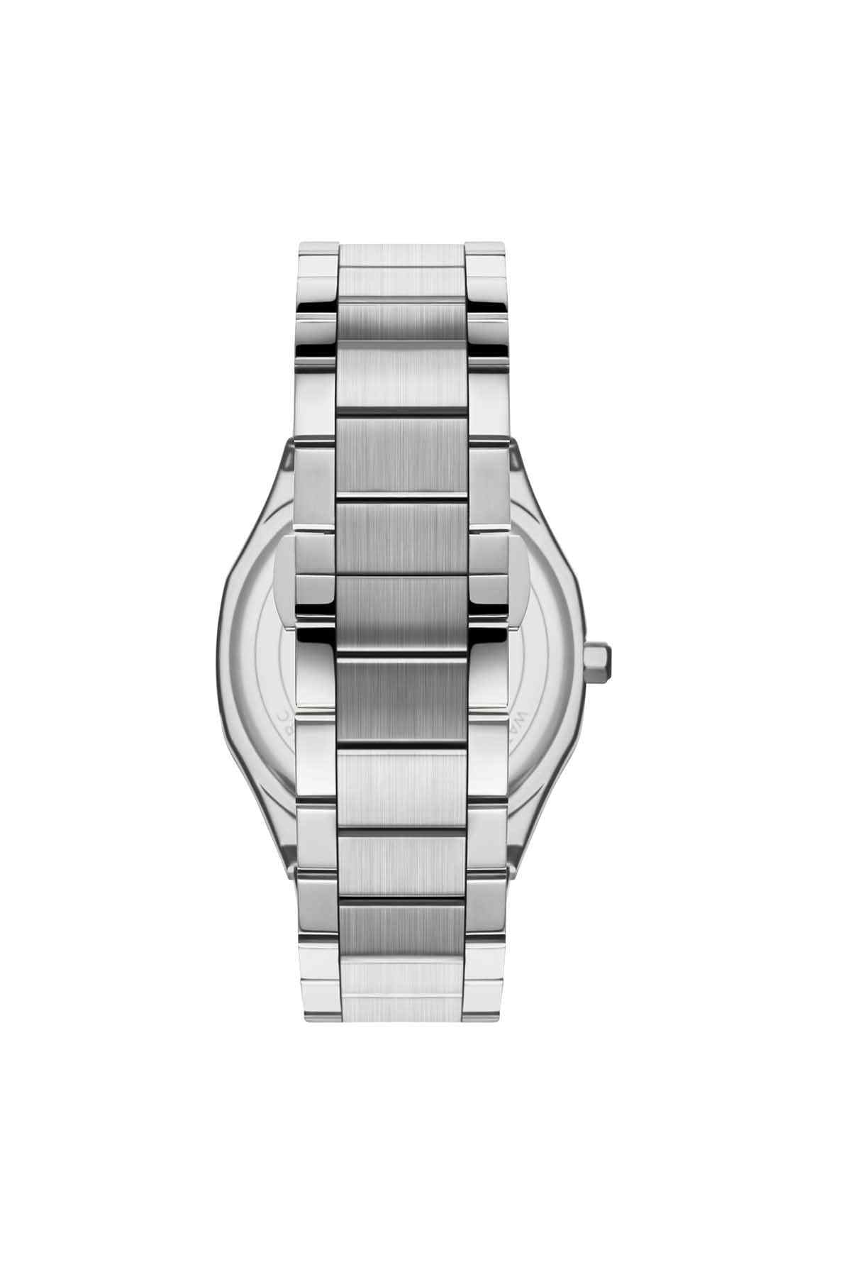 Silver stainless steel wristwatch with dark dial, bracelet, top view of case and crown