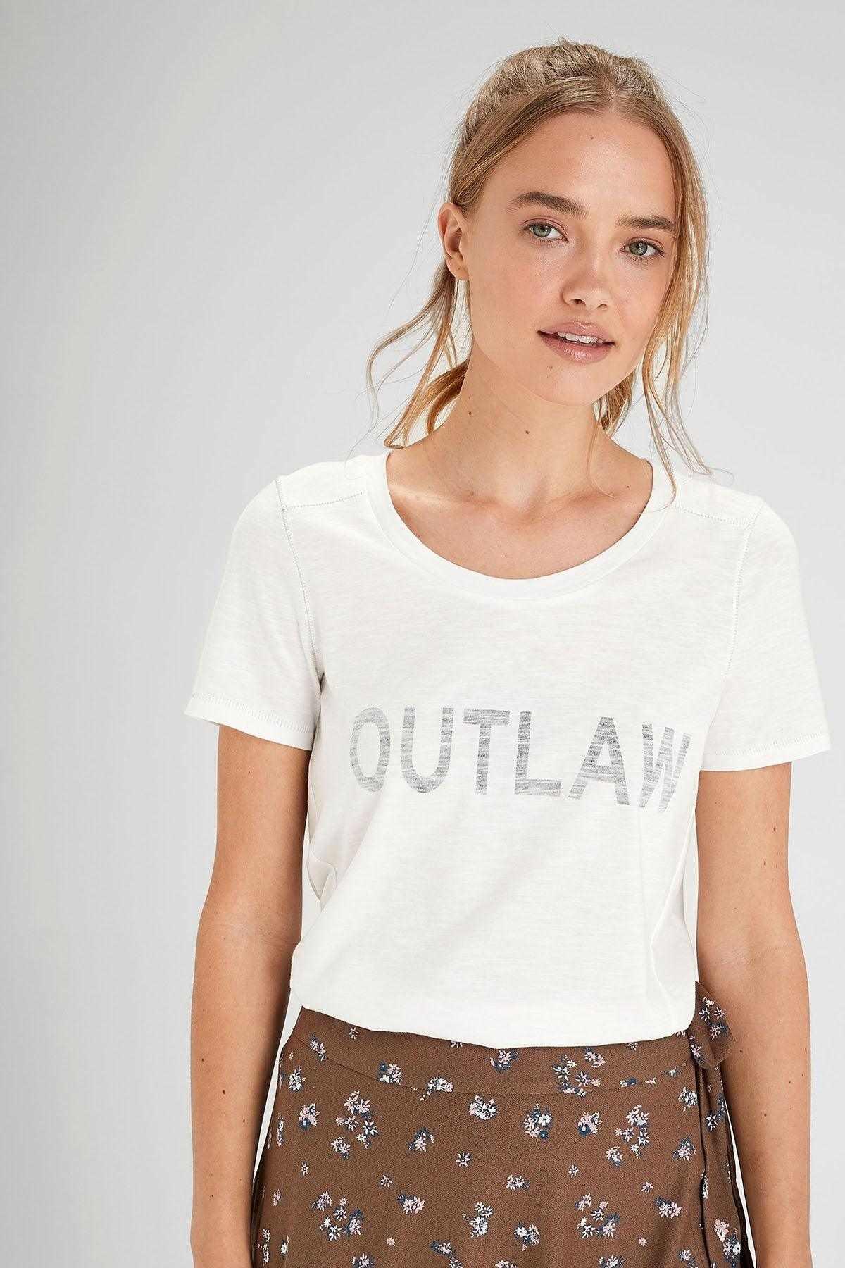 White crew-neck T-shirt with 'OUTLAW' front print