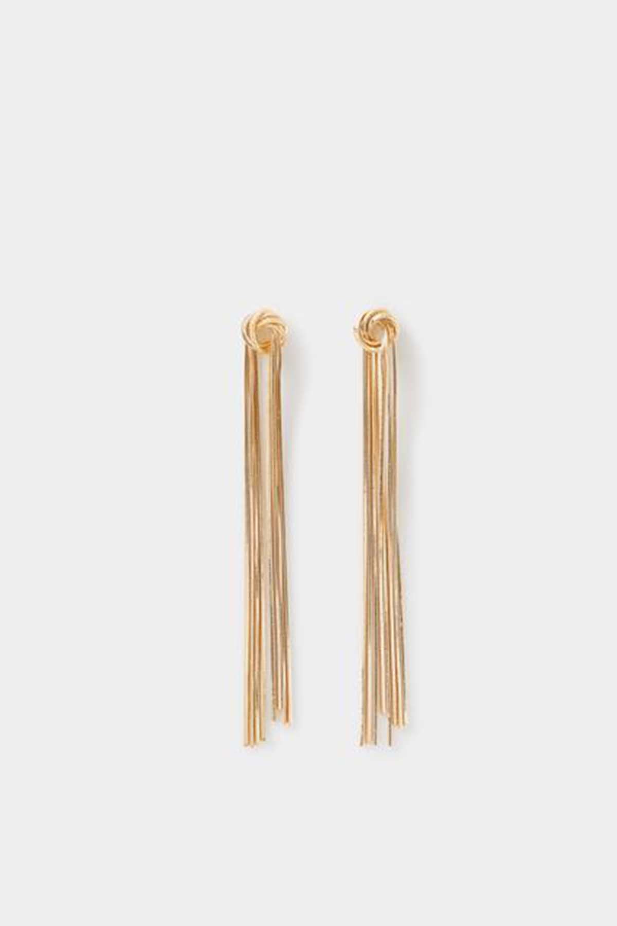 Pair of gold drop earrings with ring-top and long fringe tassels