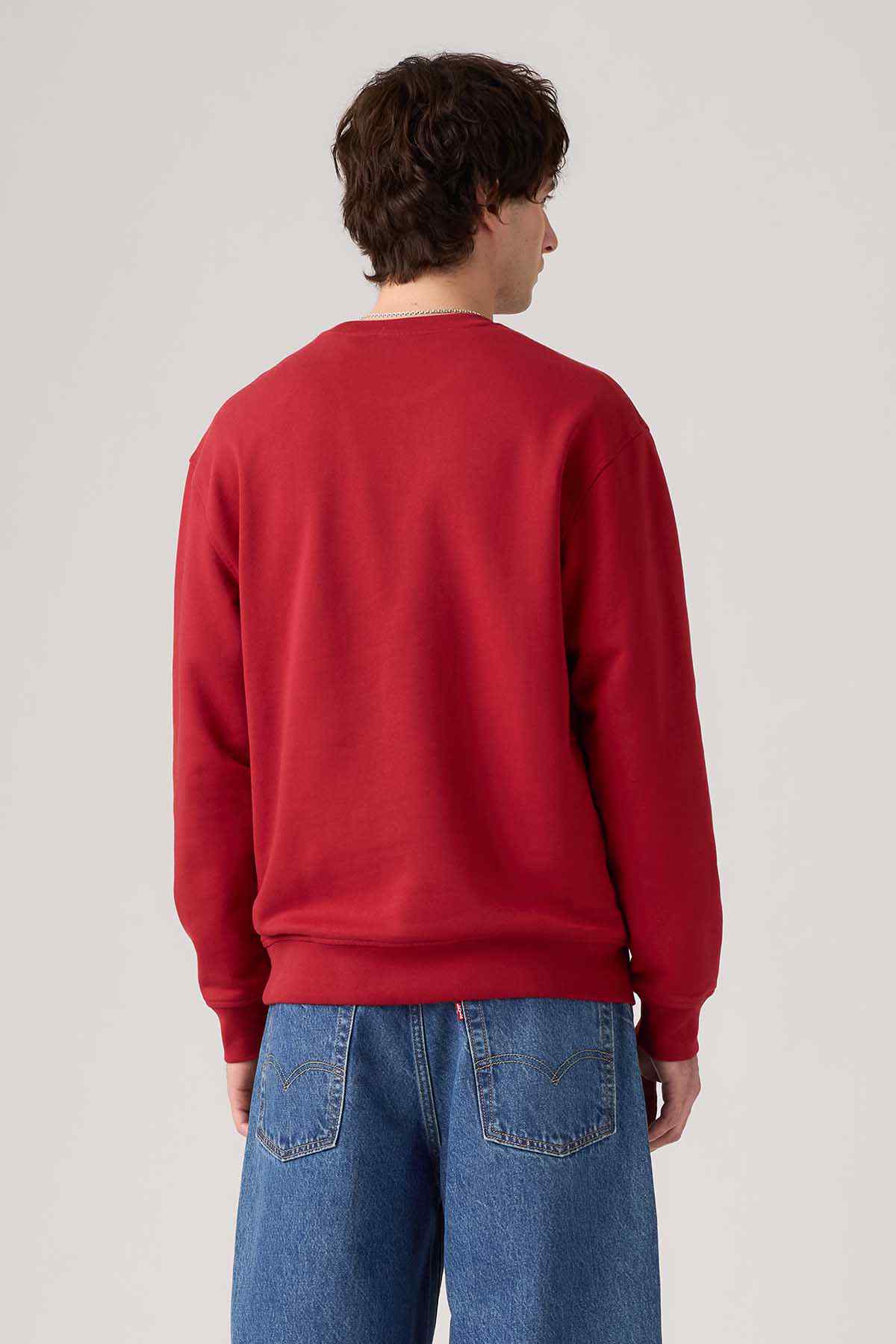 Levi's red crewneck sweatshirt, back view; ribbed cuffs and hem