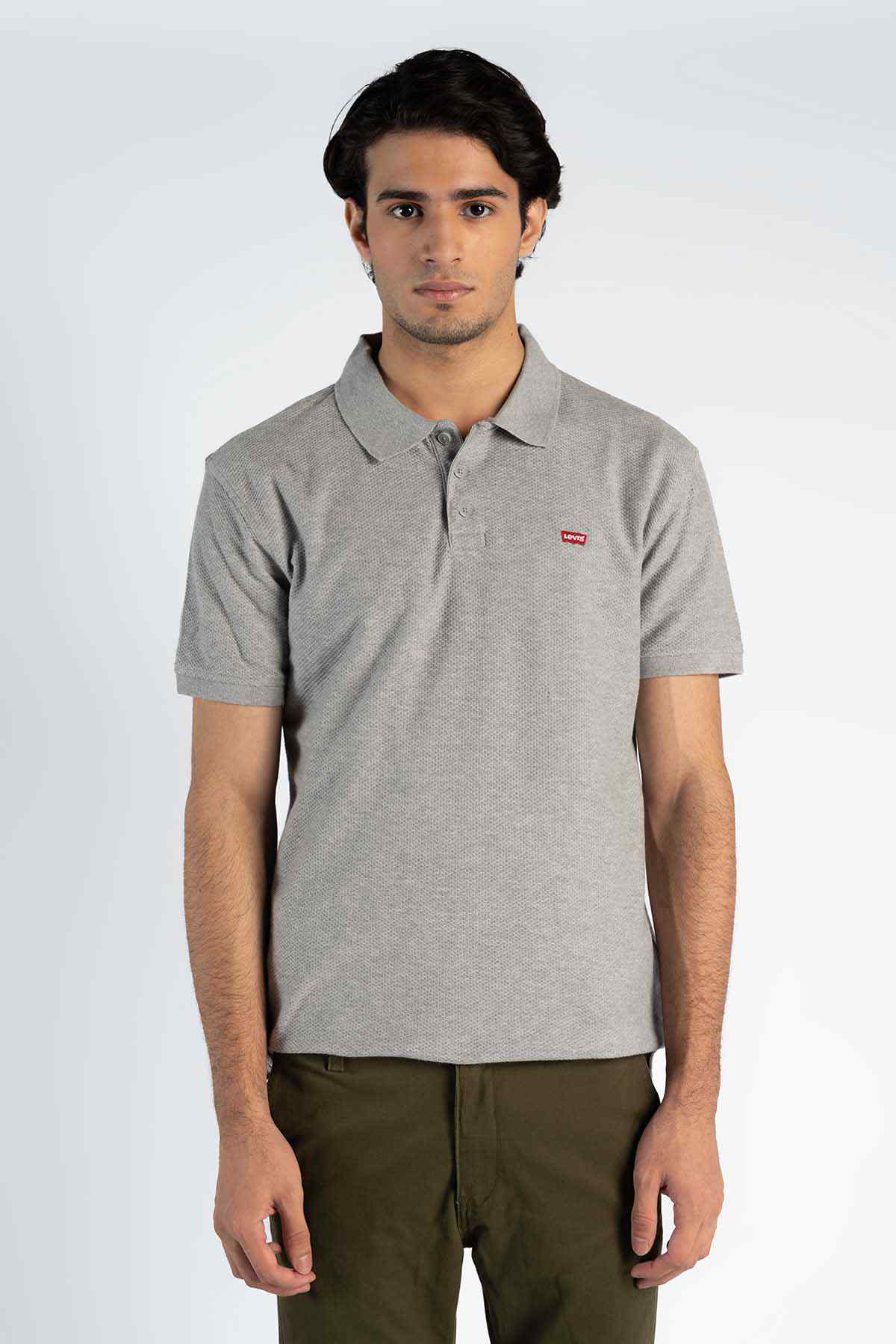 Levi's grey polo shirt with collared button neckline and small red chest logo