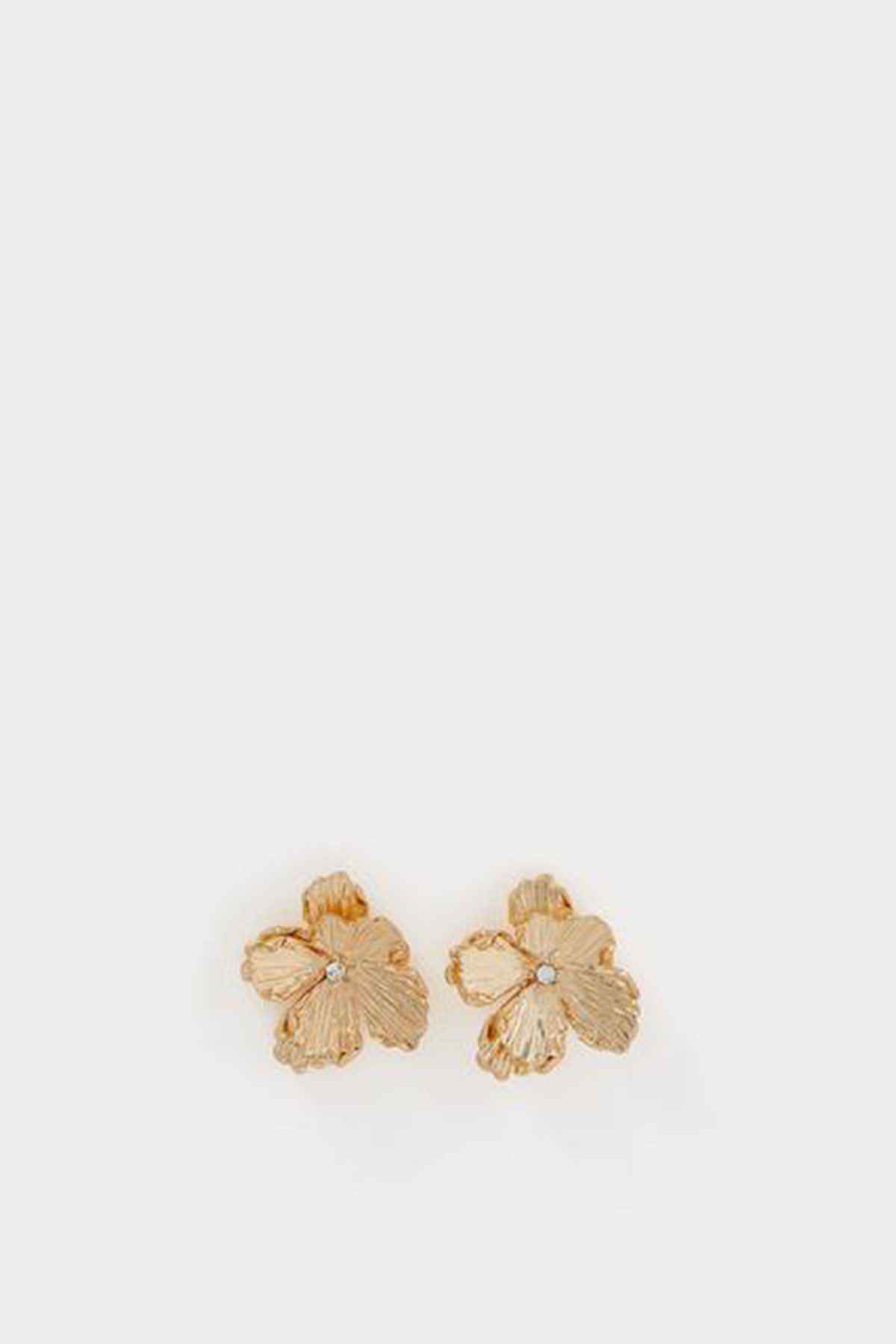 Gold floral stud earrings, textured petal design with crystal center