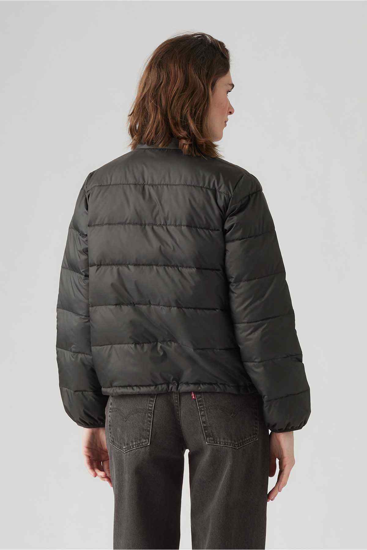Levi's black puffer jacket, back view with quilted panels and full zipper