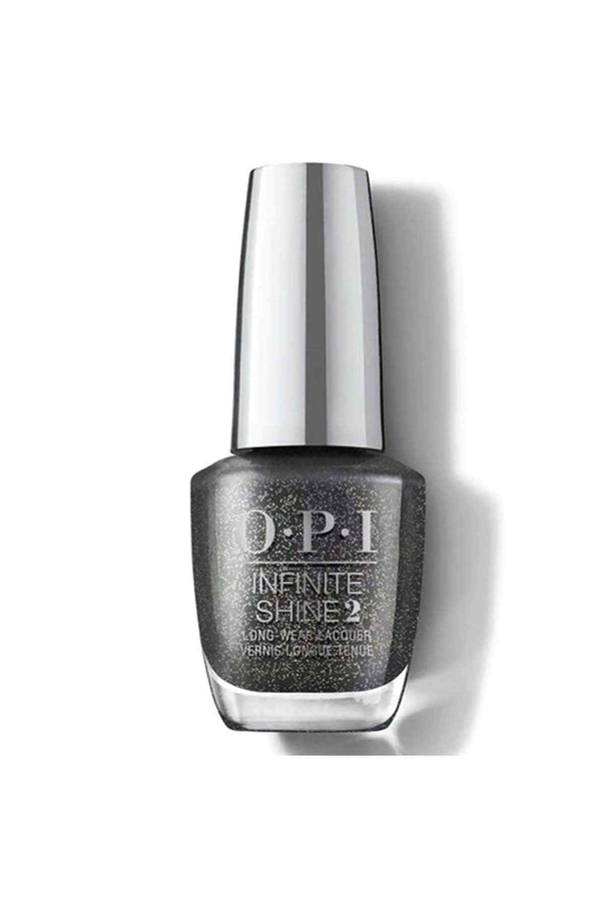 OPI Infinite Shine nail polish bottle, black glitter, with silver cap