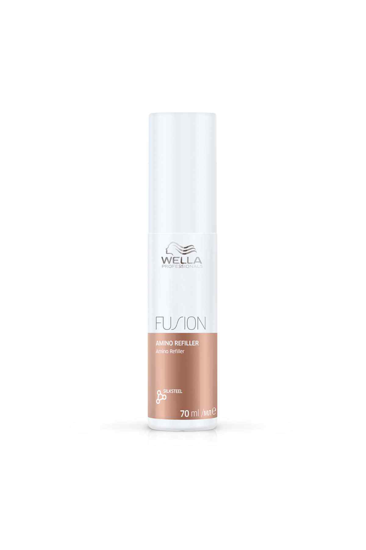 Wella Fusion hair refill bottle, clear cap and white nozzle, amber liquid, 70 ml