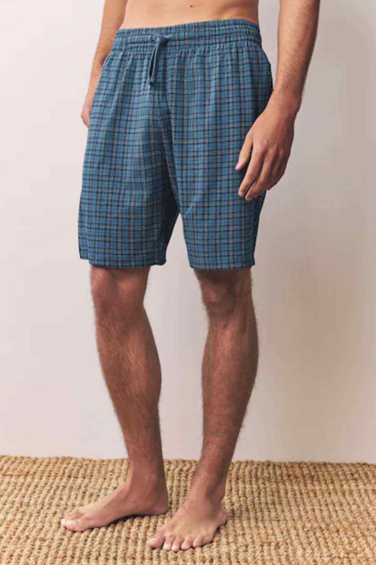 NEXT men's navy plaid shorts with drawstring and elastic waist, front view, knee length