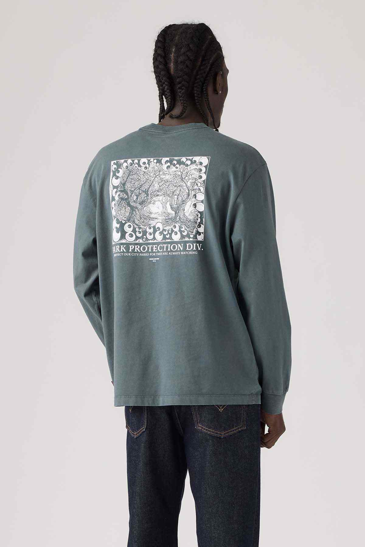 Slate gray crewneck sweatshirt with large back graphic print