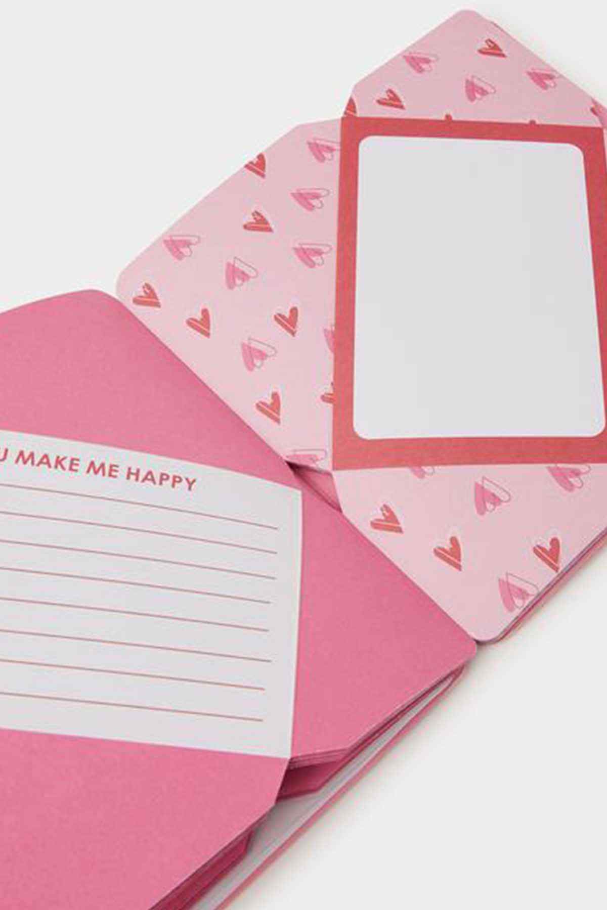 Pink heart patterned letter set with lined pages and fold-out card