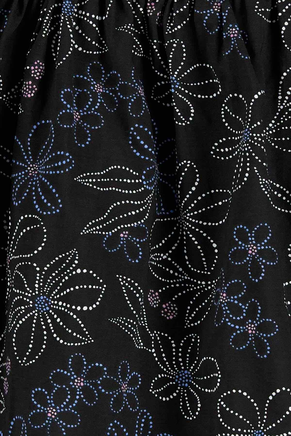 Carter's dark floral fabric with blue and pink dotted flower pattern close-up