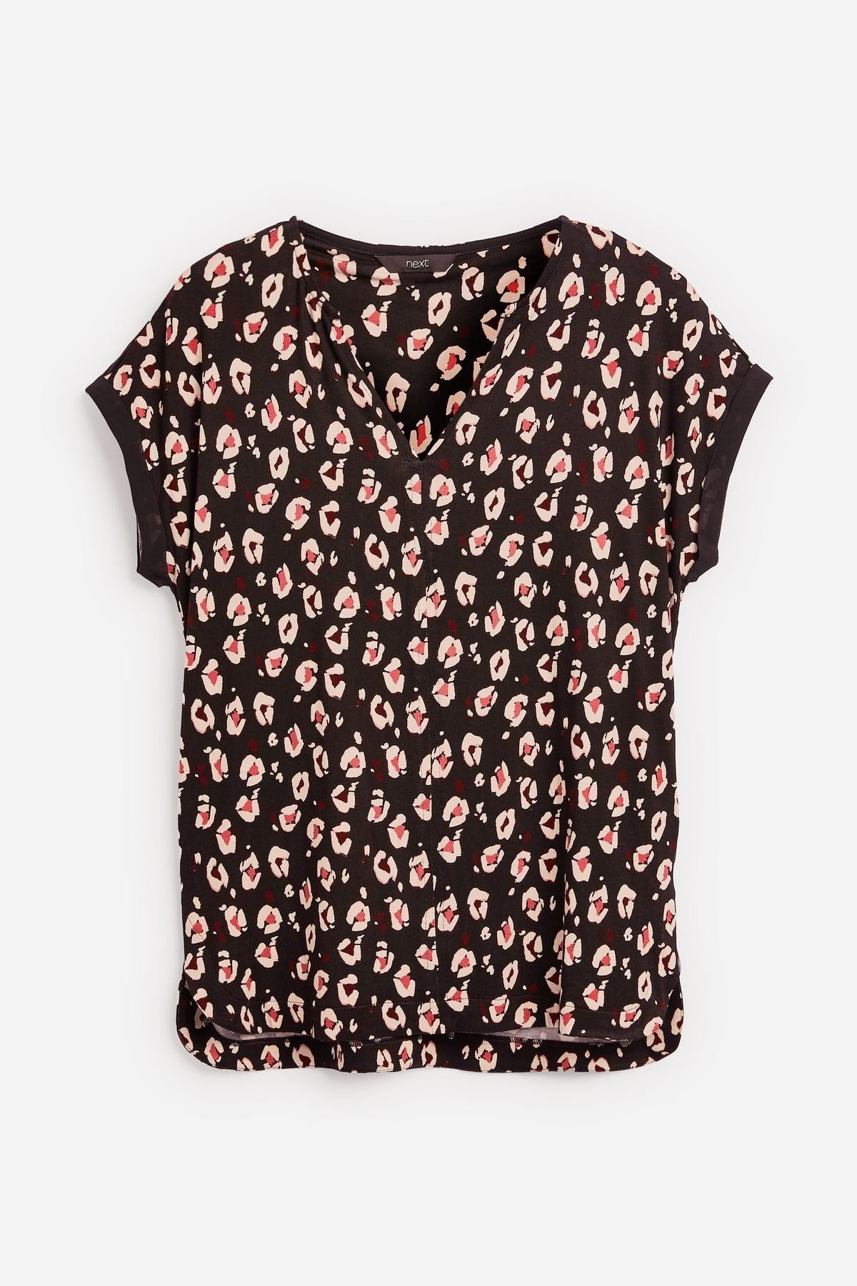 Short-sleeve black animal-print top with V-neck