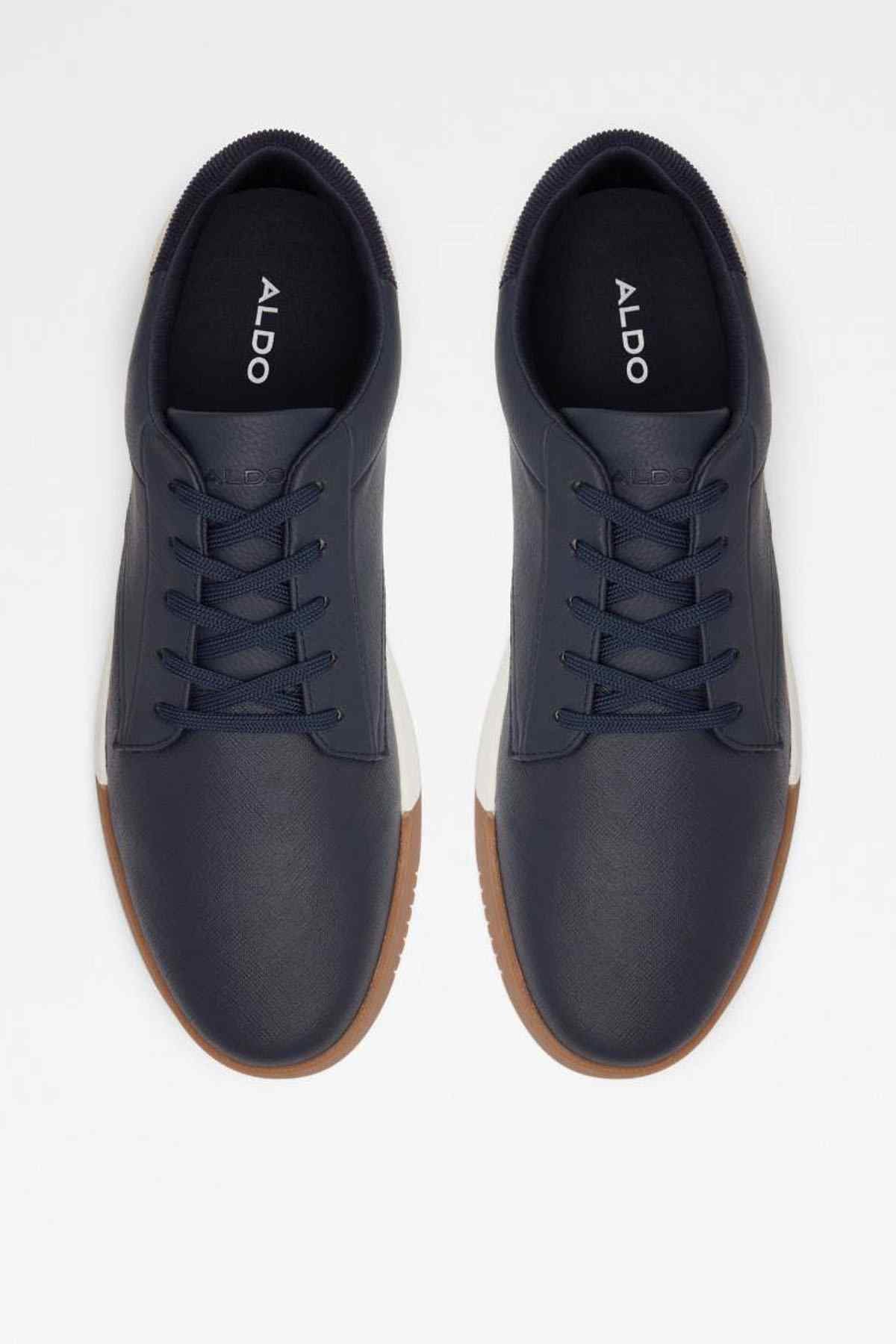 ALDO navy sneakers with ALDO logo on tongue, lace-up front view