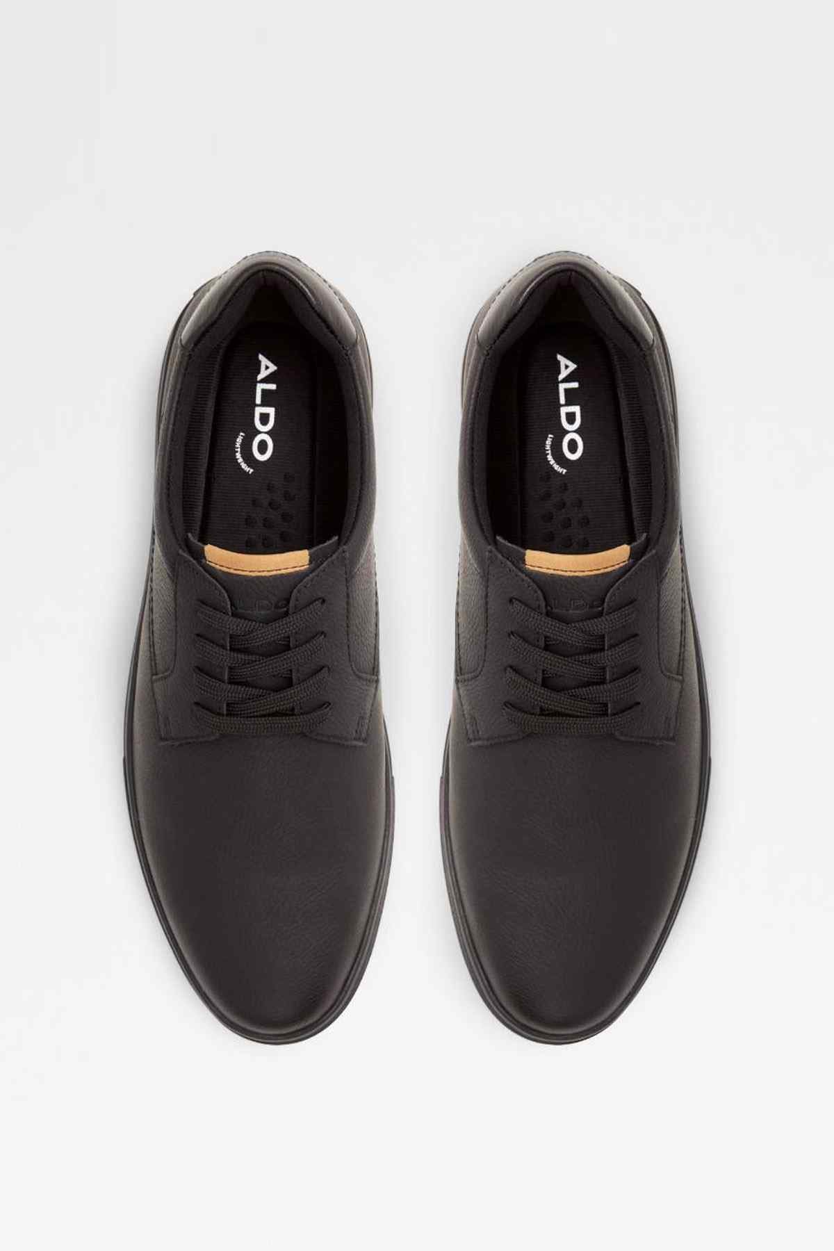 ALDO black leather sneakers pair with tongue logo and lace eyelets