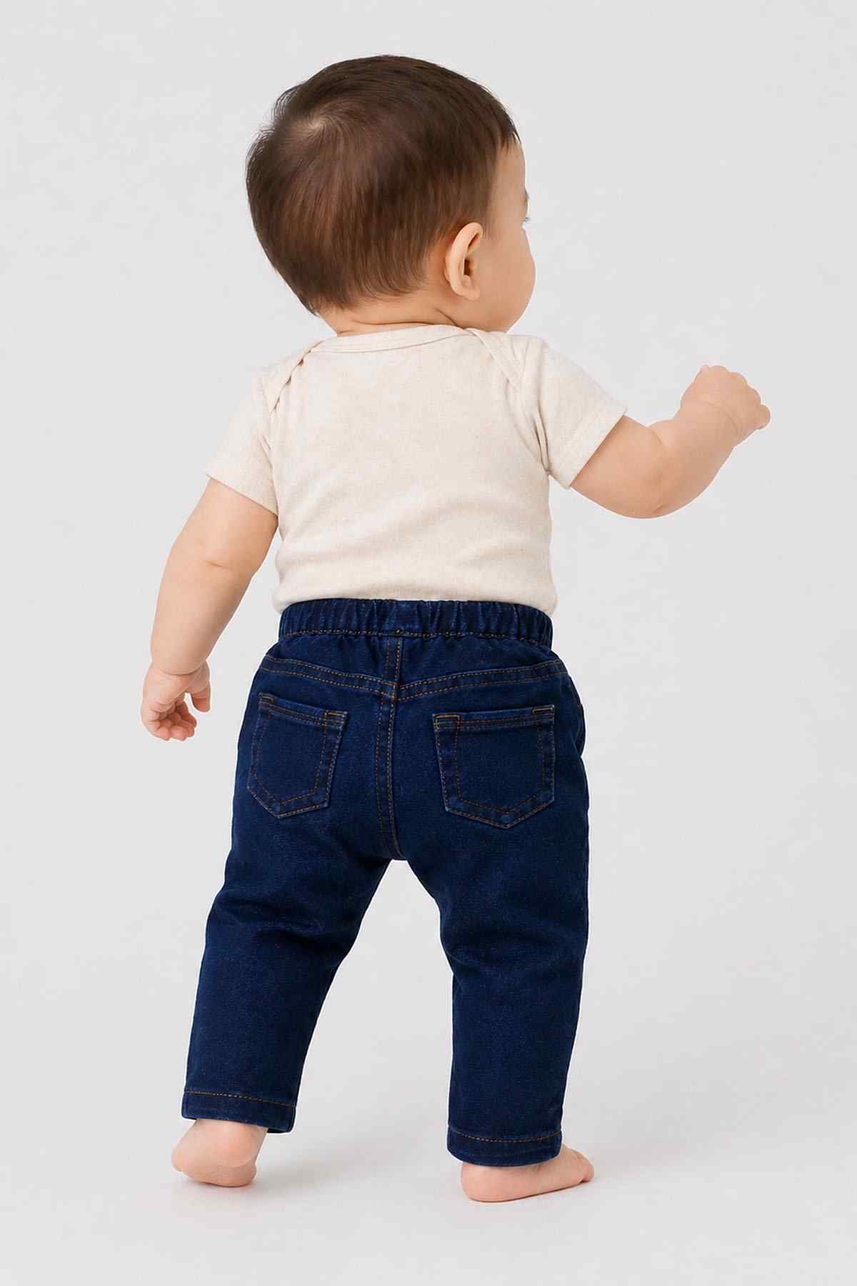 Baby denim pants dark blue back view with patch pockets and elastic waist