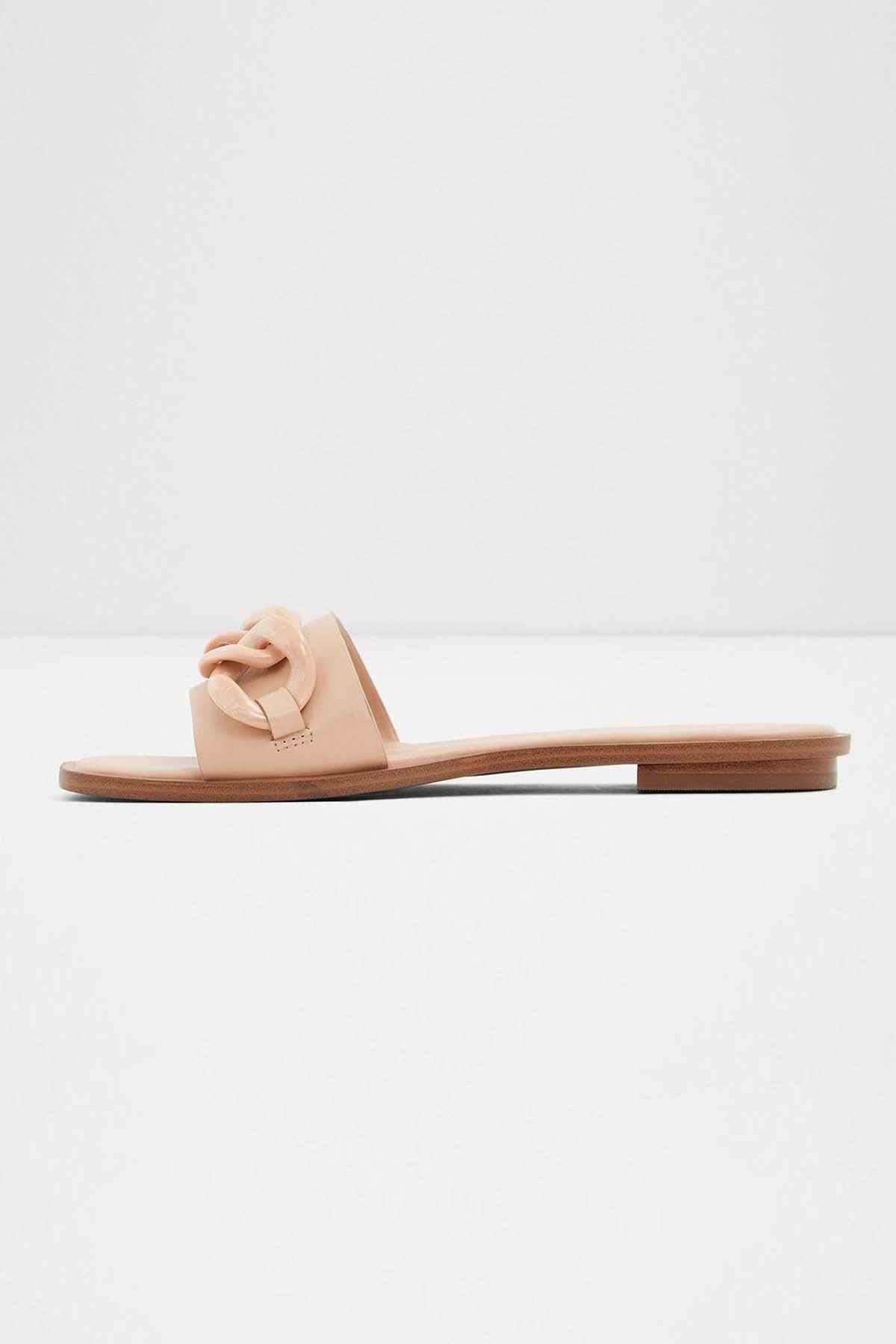 ALDO light tan slide sandal with single wide open-toe strap and flat low heel