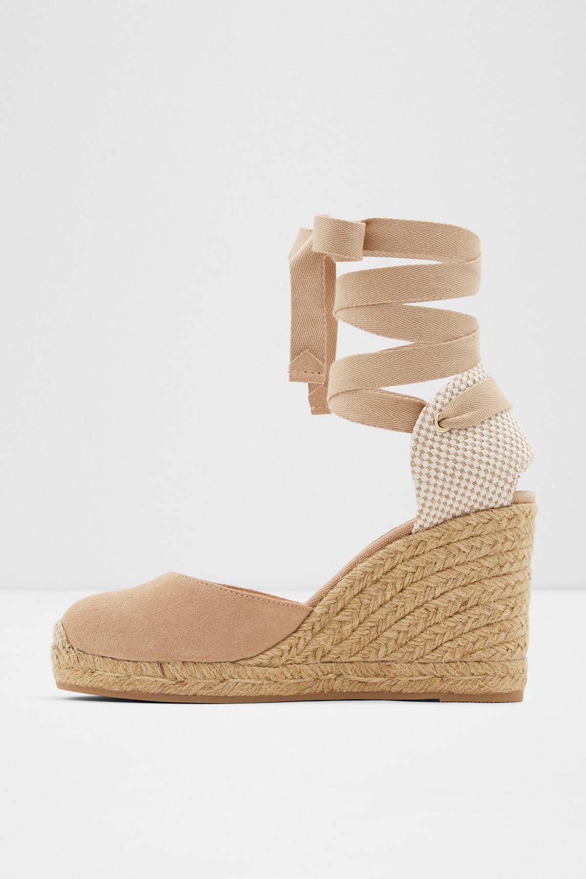 Wedge espadrille sandal with ankle wrap ties, smooth toe, textured espadrille sole