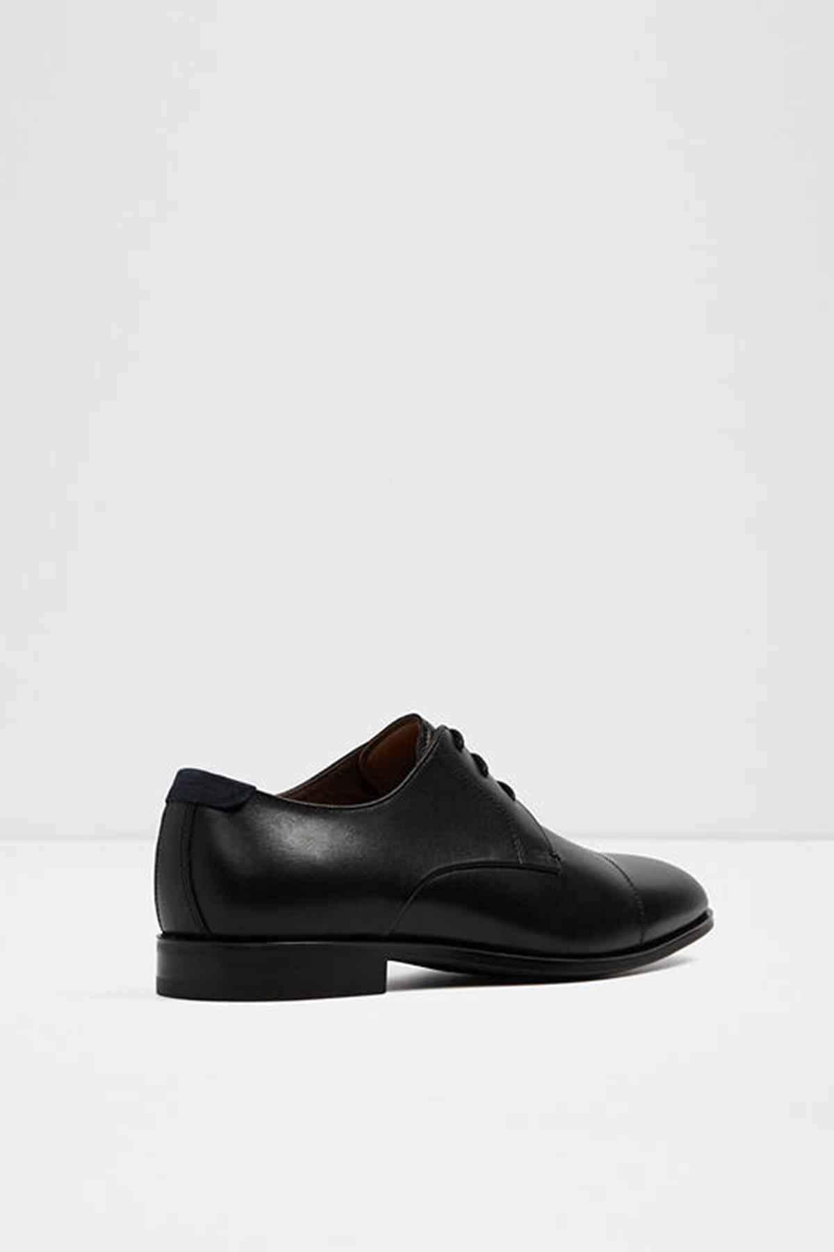ALDO black leather lace-up oxford shoes, rear-side view with low heel
