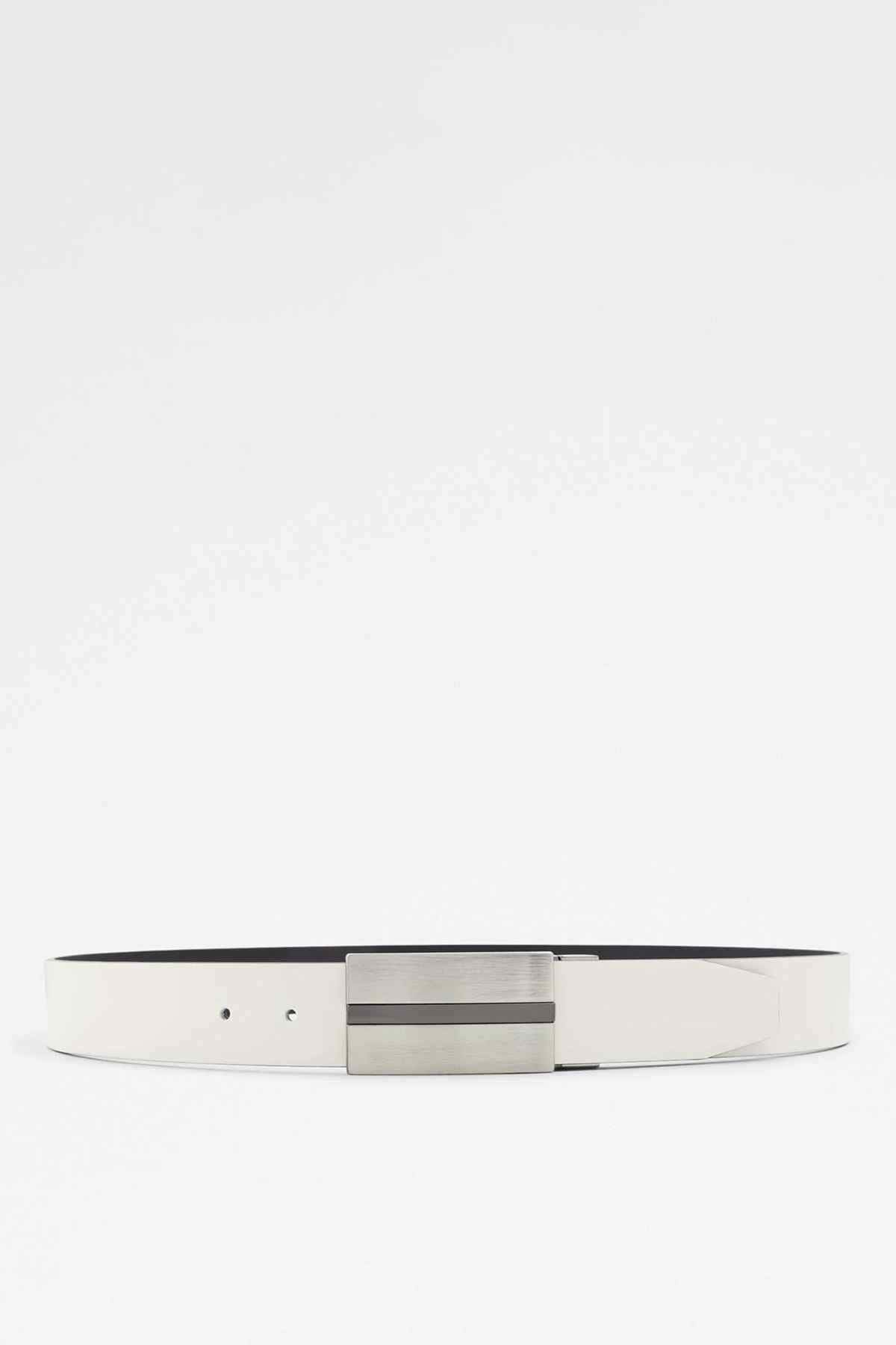 ALDO leather belt, white side with silver rectangular buckle and two adjustment holes