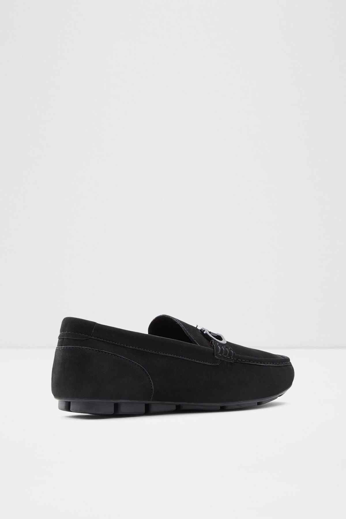 ALDO black suede loafer with metal buckle detail and low block heel, side view