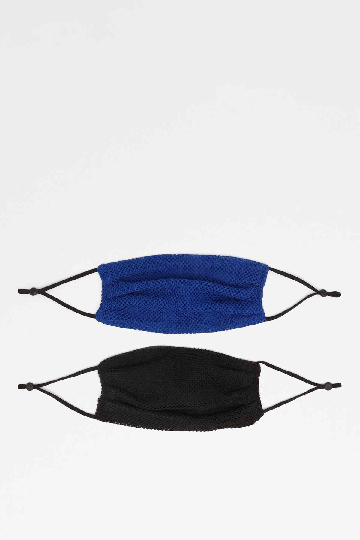 Pack of two fabric face masks: medium blue and black, with tie straps