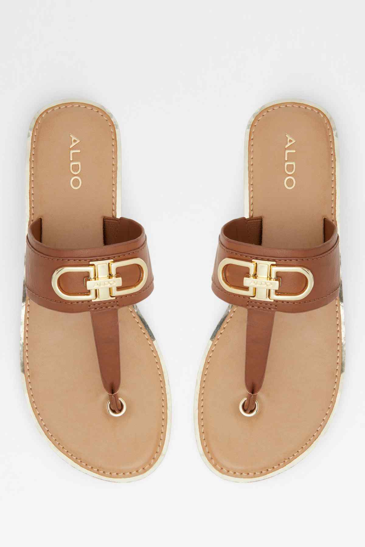 ALDO cognac thong sandals with gold buckle and stitched straps, ALDO logo