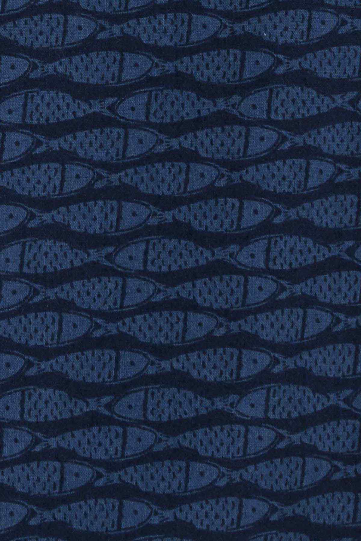 CARTER'S navy fabric close-up with repeating fish graphic print