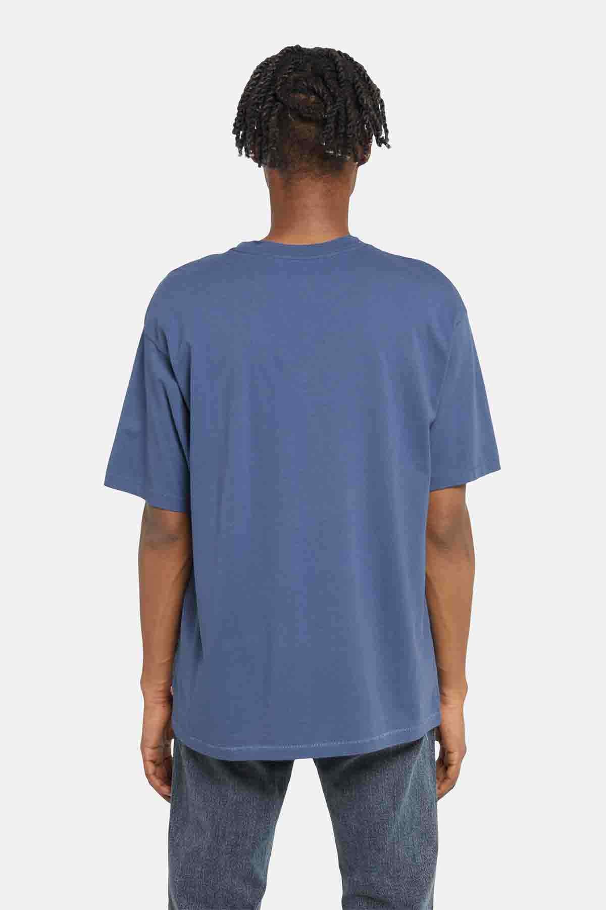Blue crew-neck T-shirt, short sleeves, back view