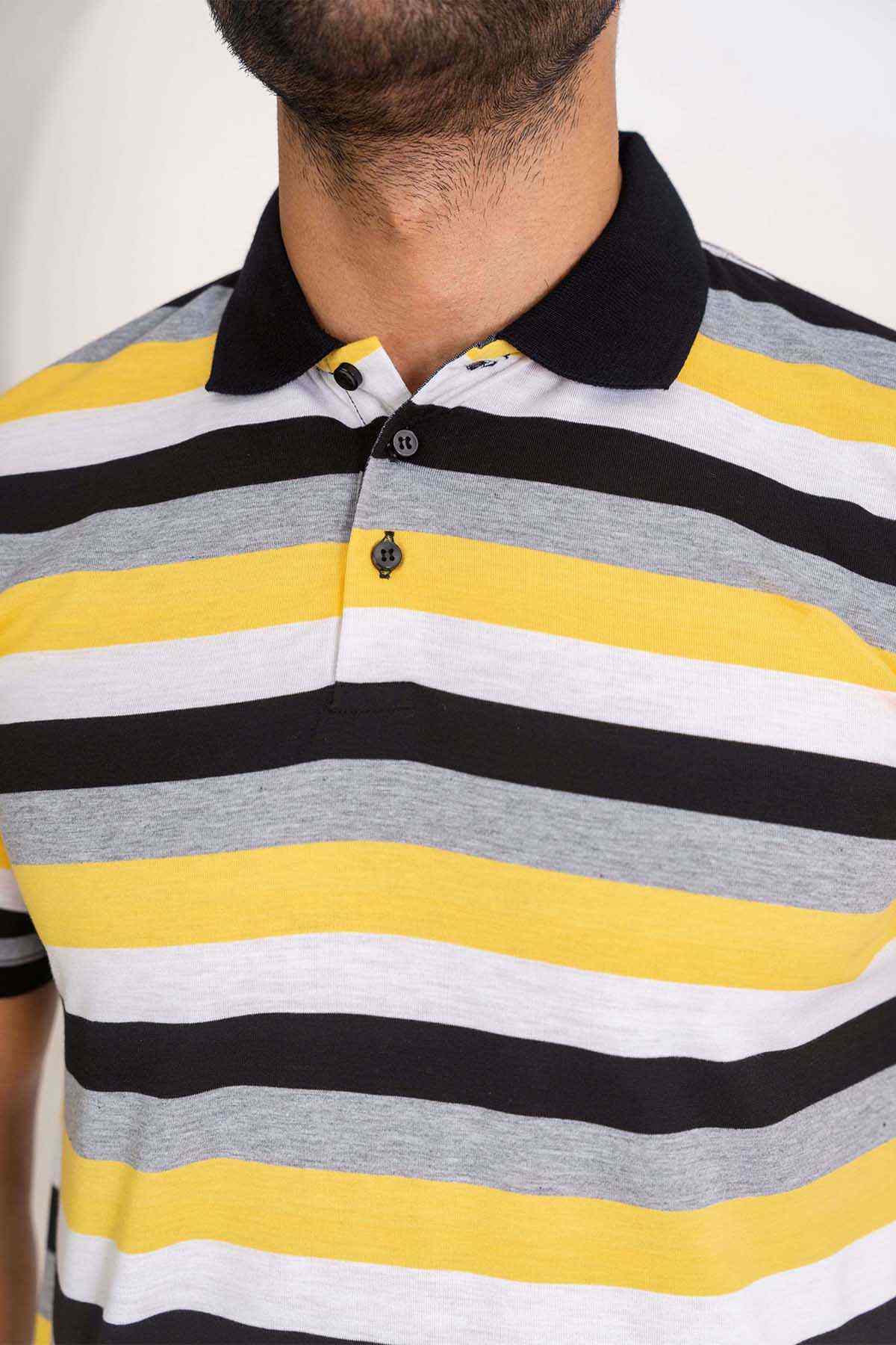 Striped polo collar with black trim and button placket, yellow/grey/white stripes