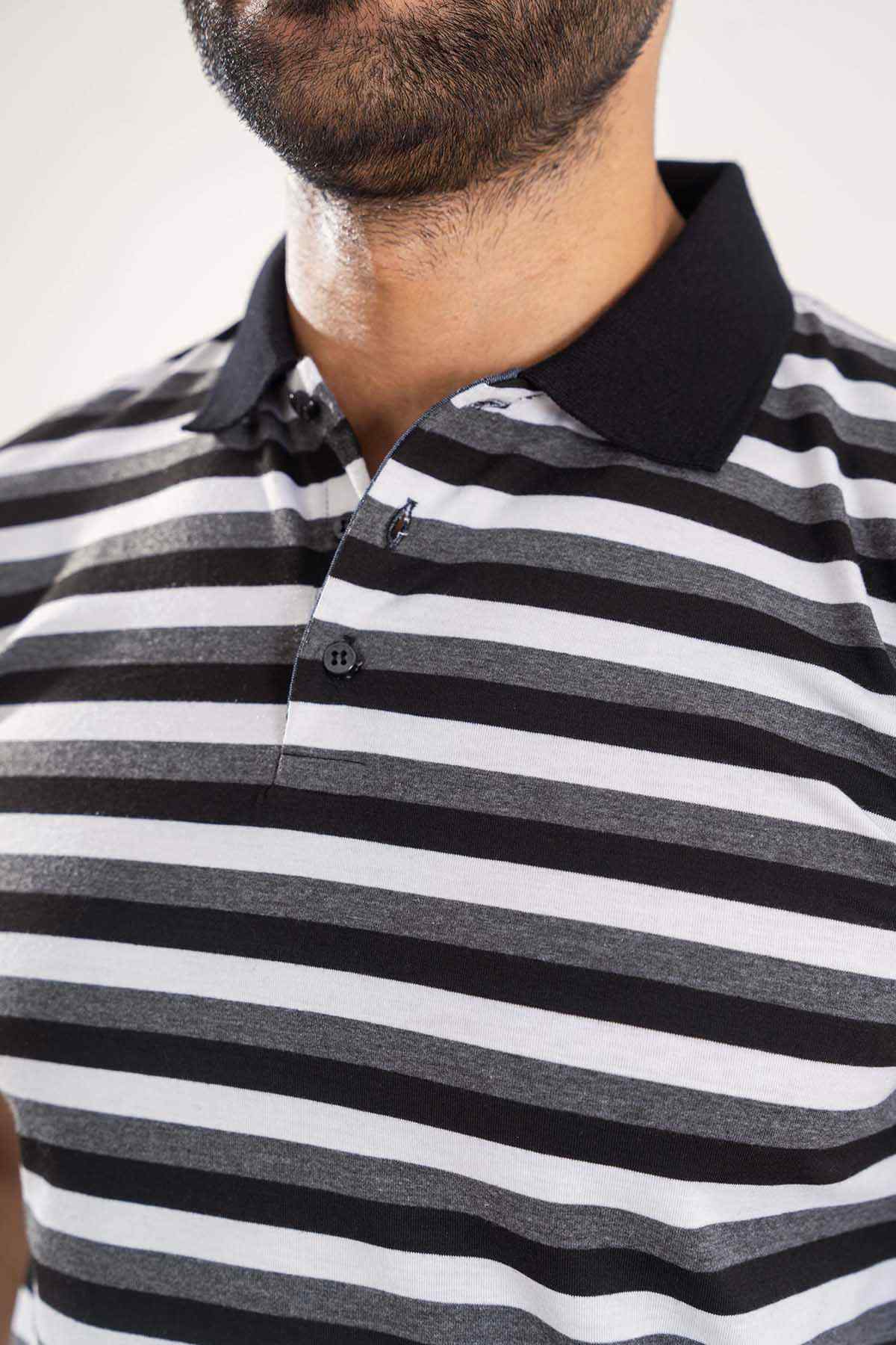 Striped polo shirt neckline with button placket and black collar