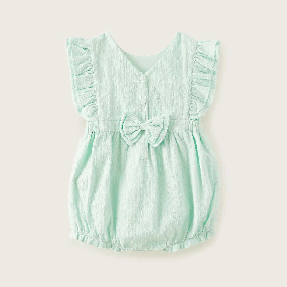 Mint green baby sleeveless dress with ruffle shoulders and bow-tie waist