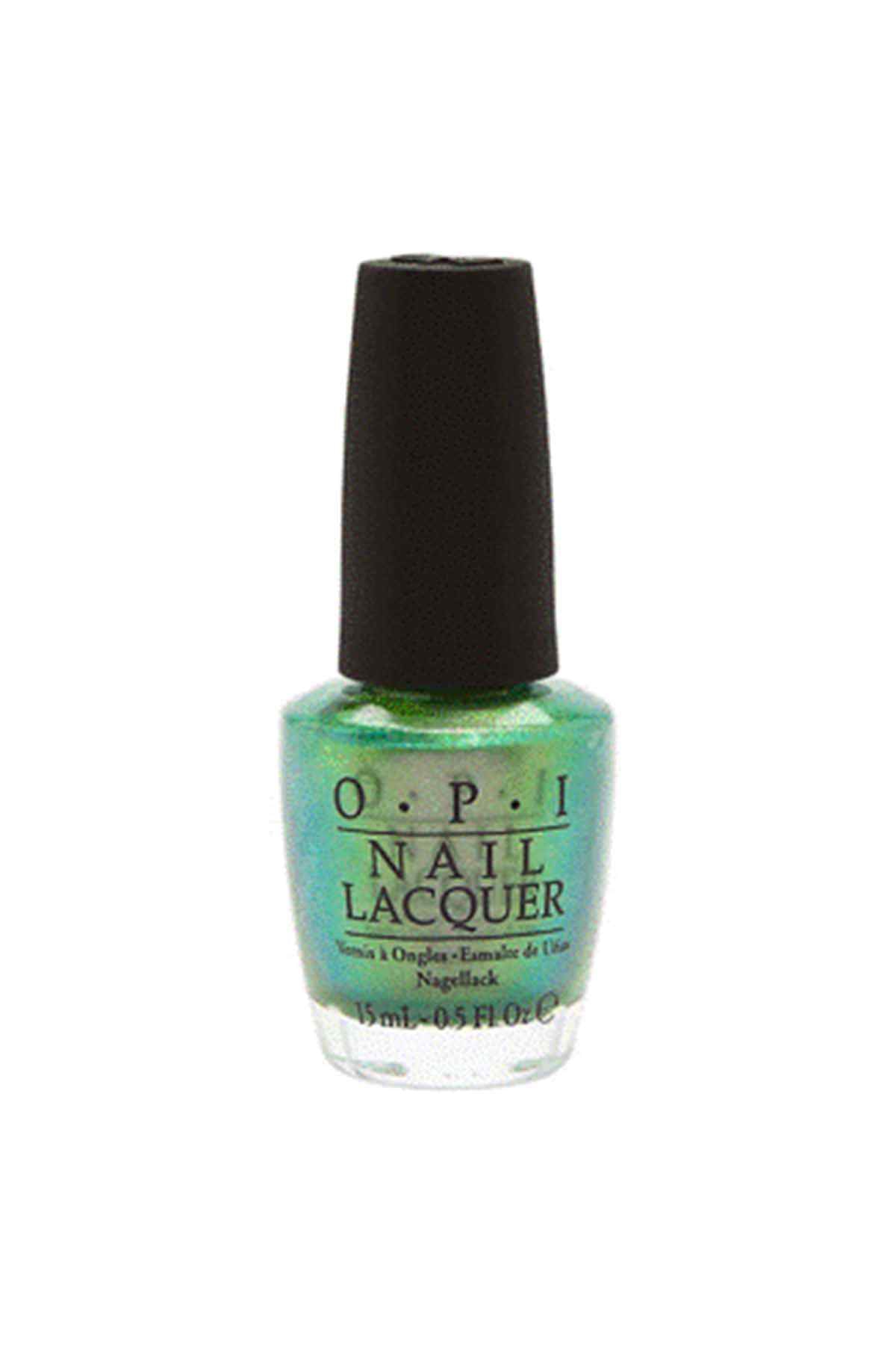 OPI nail lacquer bottle in muted green, glass bottle with black cap