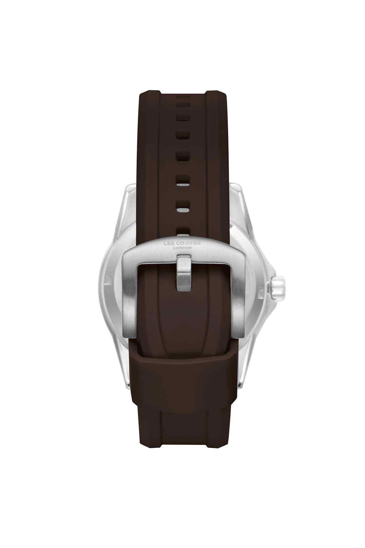 Lee Cooper wristwatch back view, dark brown silicone strap with silver-tone case