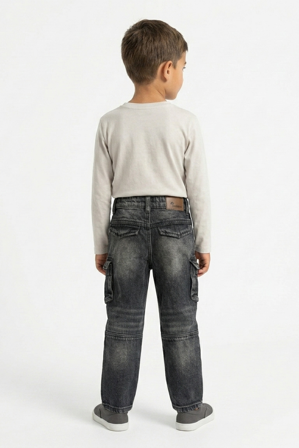 Black washed denim cargo jeans back view with patch pockets