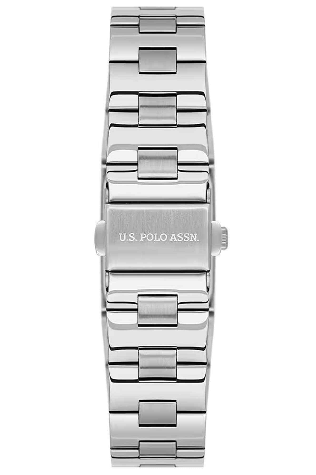 U.S. Polo Assn silver link wristwatch with rectangular white dial