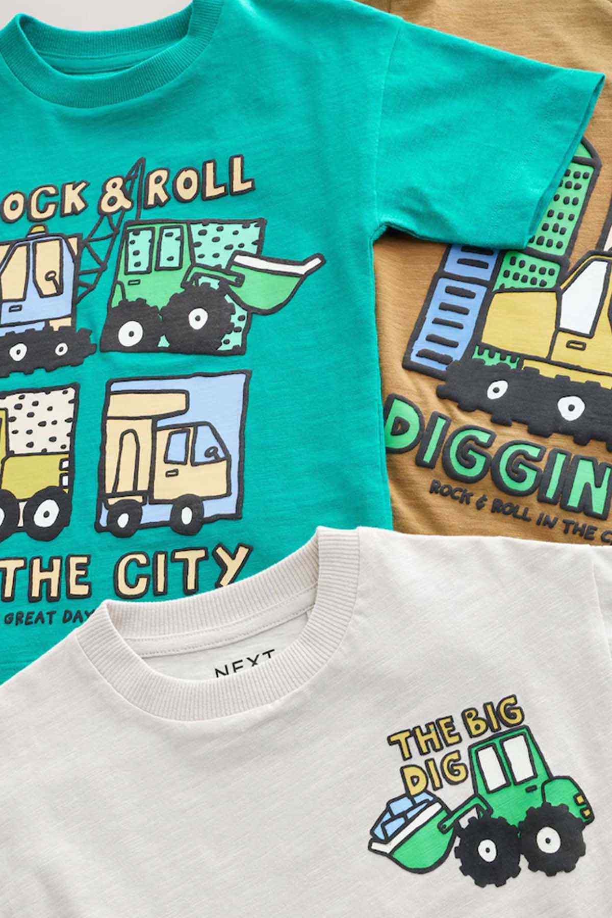 Teal and white kids graphic T-shirts, crew neck, truck and tractor front prints