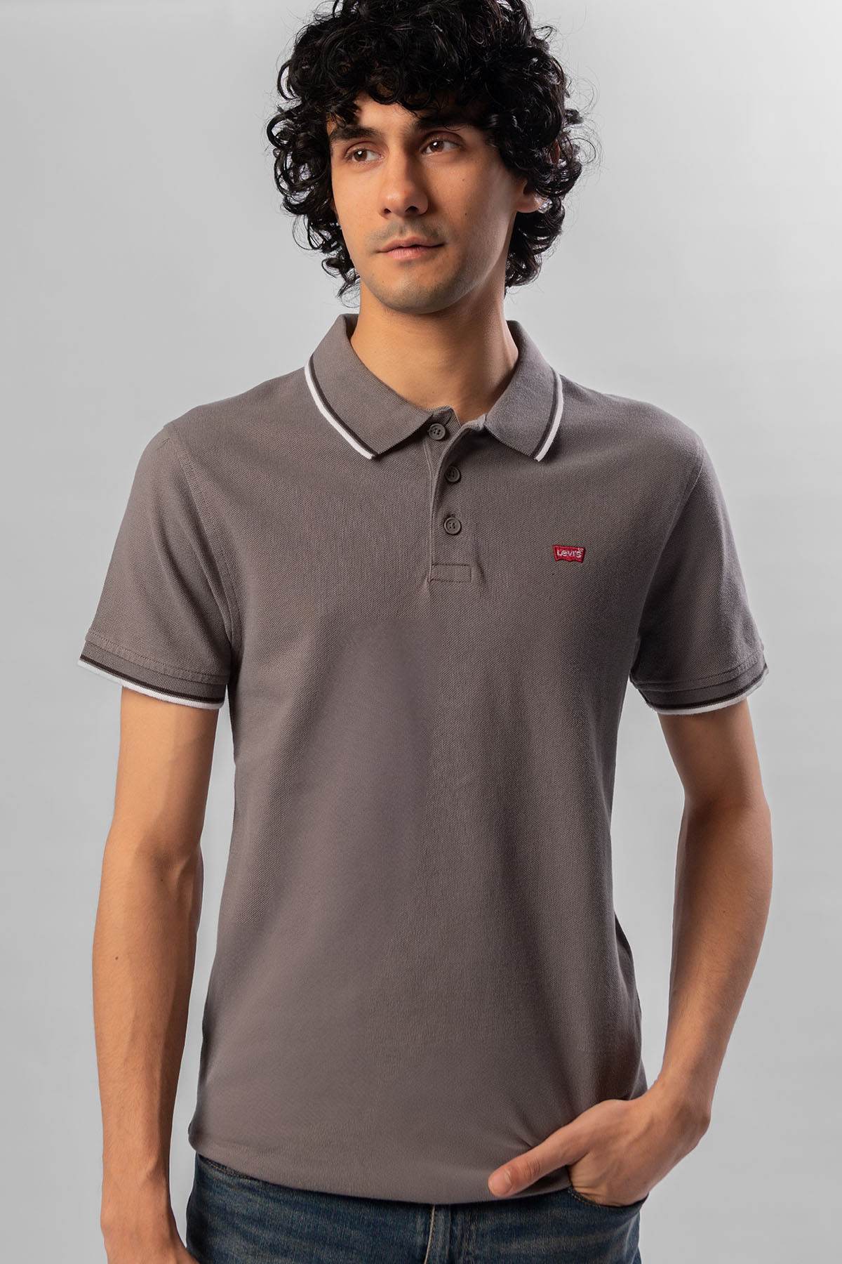 Levi's men's grey polo shirt with ribbed collar, short sleeves, front logo